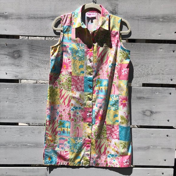 Vintage Palm Lily Cottagecore Sleeveless Boho Patchwork Button Front Shirt Dress - Picture 10 of 16